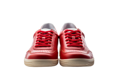 A vibrant pair of red sneakers rest on a clean white background