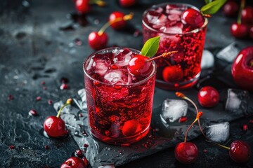 Cherry Cocktail. Refreshing Summer Beverage with Fresh Cherries and Ice Cubes. Glass of Cherry Soda Liqueur on Dark Stone Print Background