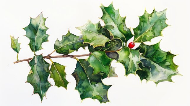 Watercolor Holly Leaves on White Background Generative AI