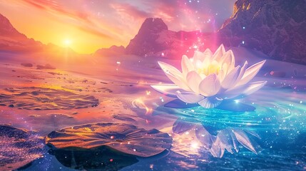 Obraz premium A beautiful water lily is floating on a lake with a sunset in the background
