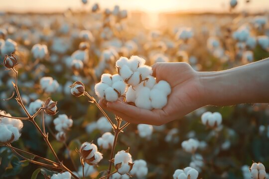Landwirt pfl&uuml;ckt von Hand wei&szlig;e Baumwollkapseln. Feld der Baumwollpflanzen. Nachhaltige und umweltfreundliche Baumwollfarm. Biologische Landwirtschaft. Rohstoff f&uuml;r die Textilindustrie