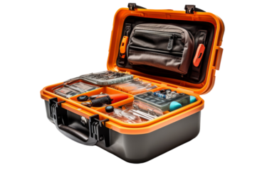 An orange and black tool box brimming with various tools for handiwork