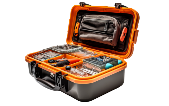 An orange and black tool box brimming with various tools for handiwork