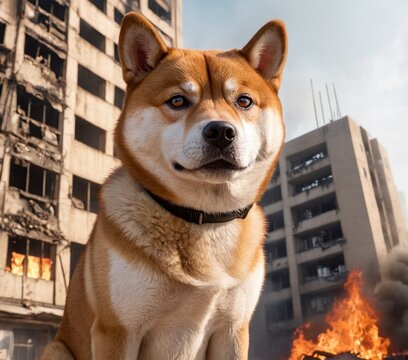 Image of dog and fire, Shiba inu, a breed of dog, rescuer, fireman, natural disaster, animals. Generative Ai