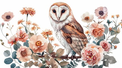 Vintage Owl and Floral Collection: Captivating Paintings on a White Background Generative AI