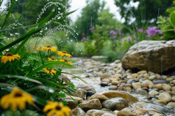 Obraz na płótnie Canvas Rain Garden Life in Full Bloom During Rainfall