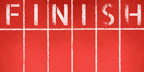 Aerial view of the finish of the red rubber surface of the running track