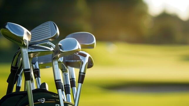 Golf clubs. Green golf course.