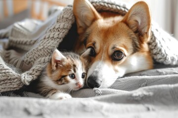 Adult corgi dog sniffs kitten under blanket on bed at home Space for text - obrazy, fototapety, plakaty