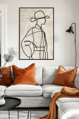 Beautiful woman portrait, poster. Minimalistic drawing, painting on the wall in the interior.
