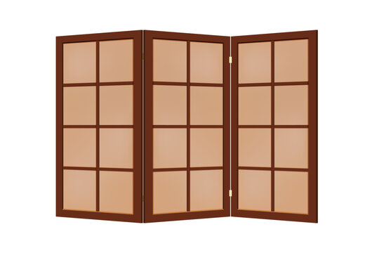 Brown folding screen with wooden frame and paper walls to use in interior as divider