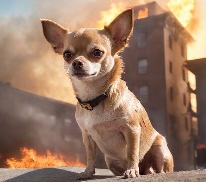 Image of dog and fire, chihuahua, rescuer, fireman, natural disaster, animals. Generative Ai