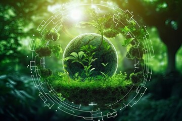 The concept of integrating AI technology for sustainability and greener Earth. Ecological, environment, conservation, futuristic, eco-conscious, global, advancement, green initiatives, smart solutions