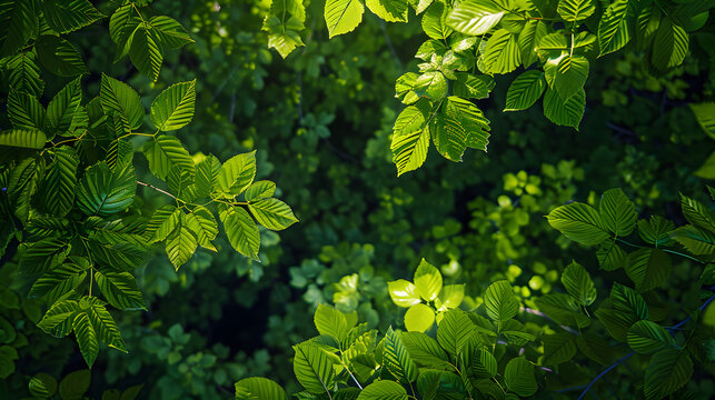 a picture of a forest with lots of green leaves on the top and bottom of the picture is a dark green background.
