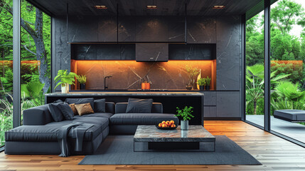 Modern black minimalist kitchen living room interior with sofa, wooden floor, panoramic windows and orange lighting.	