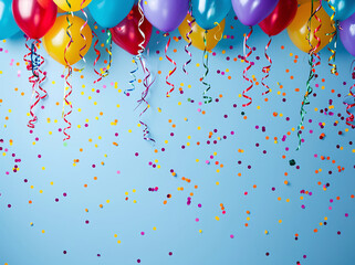 Photo of colorful balloons and streamers on a light blue background with copyspace