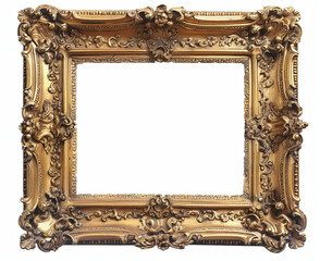 An antique gold frame with ornate carving on a white background