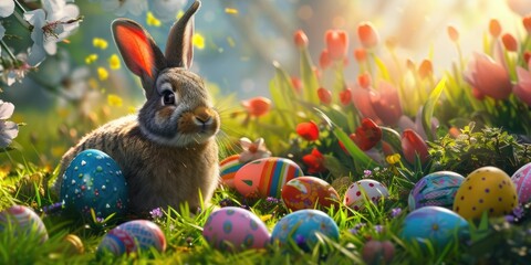 Audubons Cottontail rabbit is hidden in the vegetation next to Easter eggs in its natural...