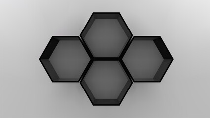Four black empty hexagon shelves on white wall 3D mockup