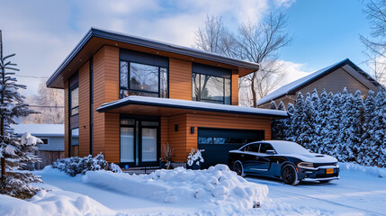 3d rendering of modern cozy house in chalet style with garage. Mountain ski resort with snow. Clear...