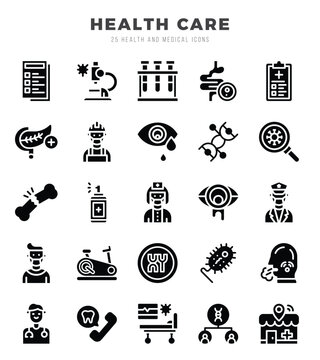 Collection of HEALTH CARE 25 Glyph Icons Pack.