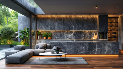 Modern black minimalist kitchen living room interior with sofa, wooden floor, panoramic windows and orange lighting.	