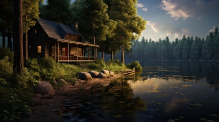 A nature retreat: panoramic view of a charming cottage by a pond, surrounded by dense greenery. - obrazy, fototapety, plakaty