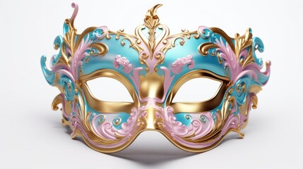 Abstract and decorative carnival mask in blue, pink, and gold, perfect for a holiday celebration.