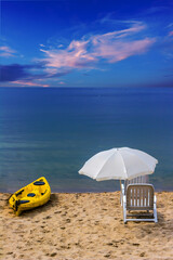 Chairs and canoe on the beach. Dream beach vacation - 774369788