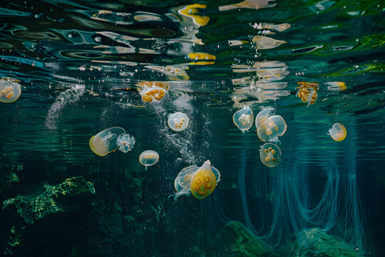 a group of jelly like objects floating in a body of water with green and blue water in the background and a yellow object in the middle of the bottom of the photo.