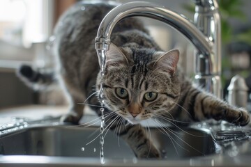 Cat playing with faucet water