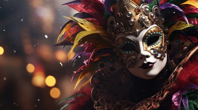 Embrace the cultural diversity of Mardi Gras with a striking photo of a girl in a carnival costume and mask, adding flair to the sunny day celebration.