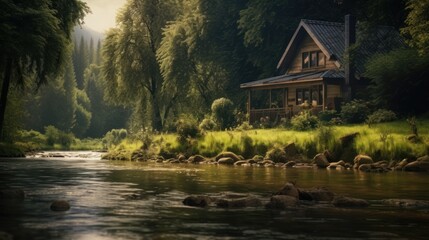 Fototapeta na wymiar Relaxing summer retreat: picturesque house by the pond, immersed in the beauty of a dense forest.