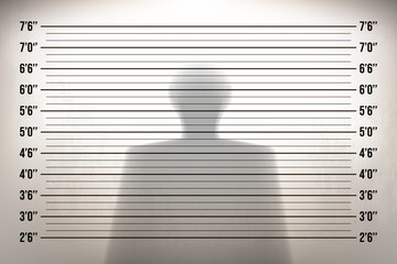 Mugshot in a police station with a shadow of man