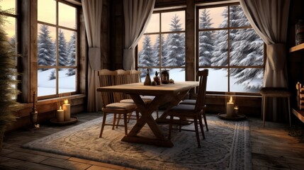 Fototapeta premium Immerse yourself in the festive atmosphere of a cozy room with a stylish design and views of the snow-covered forest.