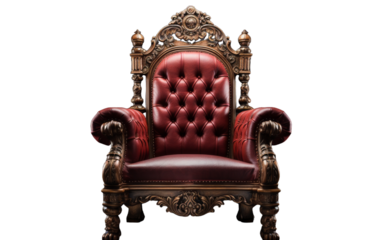 A red leather chair intricately carved with ornate details