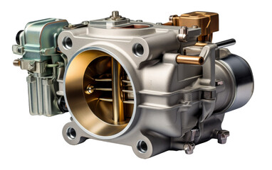 A detailed close-up of a carburetor on a white background, showcasing intricate machinery and engineering marvels