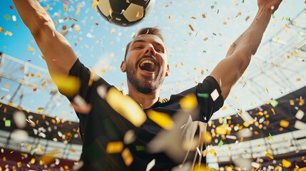 Jubilant Soccer Player Celebrates Victory Amidst Confetti Rain at the Stadium