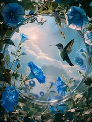 Hummingbird Blue Morning Glories Circular Frame Nature