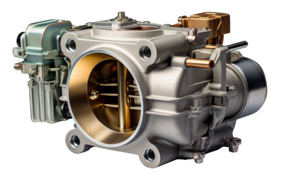A detailed close-up of a carburetor on a white background, showcasing intricate machinery and engineering marvels