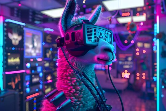 Llama Hacker Diving into a Neon-Lit Virtual Reality of Holographic Code