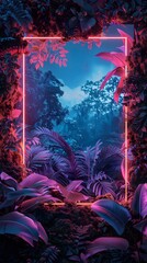 Fototapeta premium Dawn's Glowing Embrace - A Neon Square Highlighting a Lush Forest Backdrop
