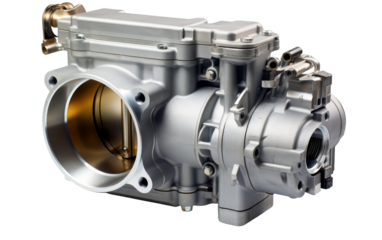 A detailed close-up of a metallic object shining brightly against a plain white background