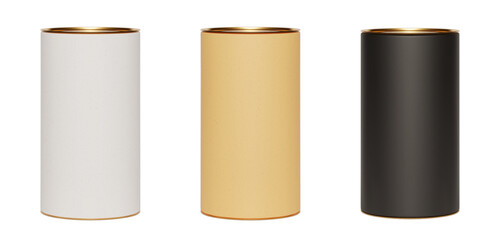 Set of kraft paper tube packages with golden lid mockup on white background - obrazy, fototapety, plakaty