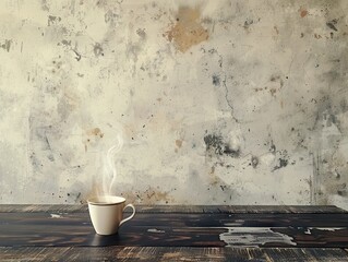 Steaming coffee cup on rustic wooden table against a distressed wall witch copy space.