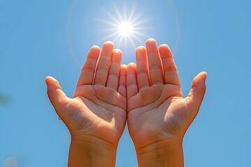 Innocent Open Hands Reaching Towards the Bright and Clear Sky Embodying Trust in Divine Providence - obrazy, fototapety, plakaty