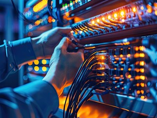Technician connecting ethernet cable in a server room.