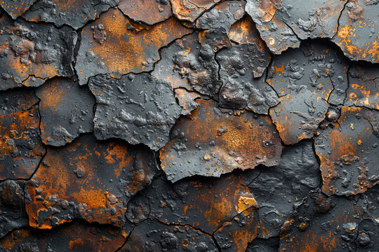 Close-up view of textured rusty metal surface with peeling paint. Metallic backdrop