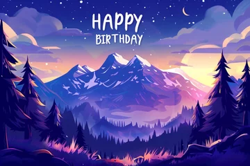 Keuken spatwand met foto A serene night scene with majestic mountains under a starry sky, coupled with a 'Happy Birthday' message for an outdoor lover's celebration. © Rade Kolbas