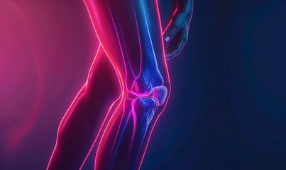 Knee Joint Pain Injury Leg Tendon Issues, Muscle Problem Pain Syndrome, Muscle Or Bone Pain In Sport Gym, 3d Render Illustration Of A Joggers Painful Knee, Neon Glow Banner - obrazy, fototapety, plakaty